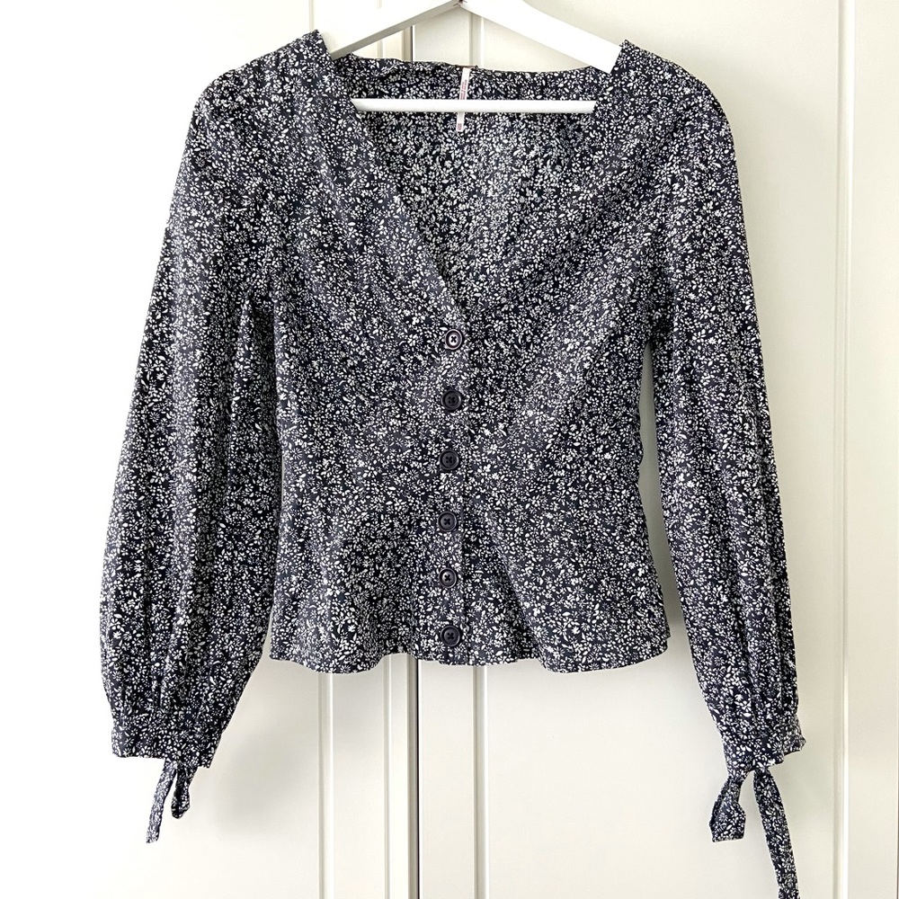Free People Navy Floral V Neck Button Up Blouse